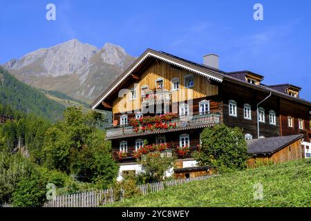 Fattoria decorata con fiori. Distretto di Burg, Kals am Grossglockner, Tirolo orientale, Austria, Europa Foto Stock