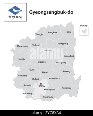 Mappa amministrativa vettoriale della provincia sudcoreana di Gyeongsangbuk-do con bandiera Foto Stock