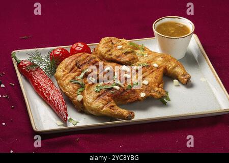 Tapaka di pollo, piatto georgiano in cucina georgiana su sfondo rosso, preparato: Arrosto con aglio nel ristorante Foto Stock