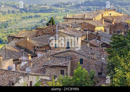 Tetti piastrellati sotto le mura medievali di Montepulciano in Toscana, Italia, Europa Foto Stock