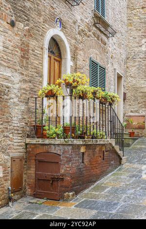 Fiori su una scala in corrispondenza di una casa Foto Stock