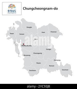 Mappa amministrativa vettoriale della provincia sudcoreana di Chungcheong Sud con bandiera Foto Stock