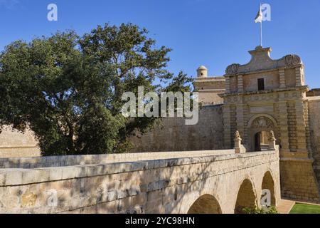 La porta di Mdina, nota anche come porta principale o porta di Vilhena, della città fortificata fu costruita in stile barocco nel 1724, Mdina, Malta, Europa Foto Stock