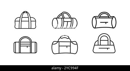 Set di icone per borse sportive. Sacchetti vettoriali. Contorno nero su sfondo bianco. Illustrazione Vettoriale