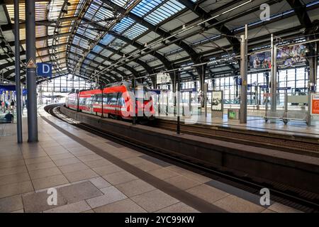 Eisenbahnverkehr am Bahnhof Berlin-Friedrichstraße. Regionalexpress Zug RE7 der Deutschen Bahn. DEU, Deutschland, Berlino, 20.10.2024 *** traffico ferroviario alla stazione di Berlino Friedrichstraße treno espresso regionale RE7 della Deutsche Bahn DEU, Germania, Berlino, 20 10 2024 Foto Stock