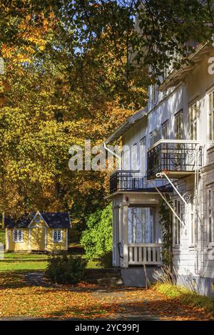 Vecchia idilliaca casa in legno in un parco in autunno Foto Stock