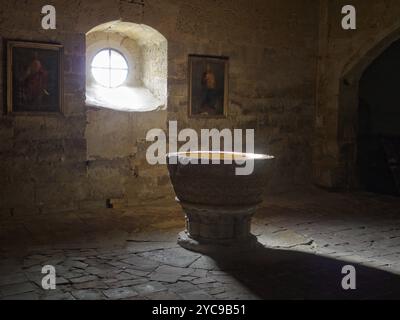 Fonte battesimale in pietra del XIV secolo nella Chiesa di Santa Maria, Boadilla del Camino, Castiglia e León, Spagna, Europa Foto Stock