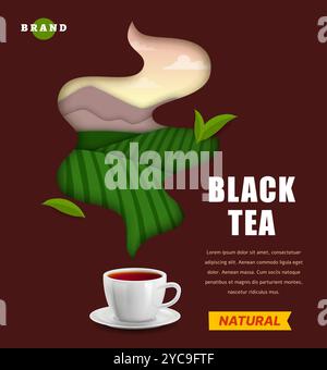 Tazza da tè tagliata in carta e striscione paesaggistico delle piantagioni. Tazza o tazza di tè nero caldo 3d vettoriale con vapore ondulato lavorato in carta origami, colline terrazzate piantagioni, montagne, cielo e nuvole paesaggio naturale Illustrazione Vettoriale