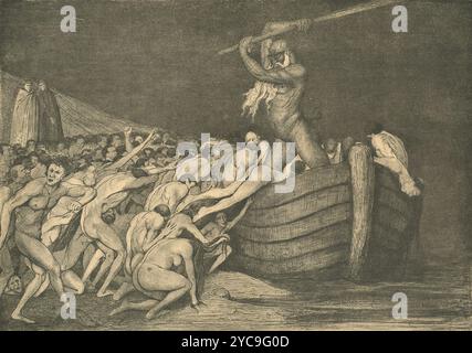 Il viaggio del poeta italiano Dante Alighieri nell'aldilà, nell'Inferno, 3° canto: Caronte il ferryman dei dannati, illustrazione dell'artista Manfredo Manfredini, anni '1900 Foto Stock