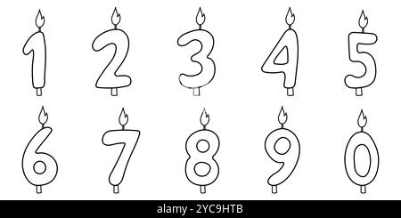 Le candele di compleanno contano un bel contorno a doodle, disegnate a mano. Imposta le decorazioni numerali delle feste con fiamma. . Illustrazione vettoriale Illustrazione Vettoriale