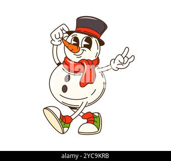 Personaggio cartoni animati natalizi pupazzo di neve con cappello, sneakers vintage e sciarpa calda rossa. Un uomo di neve rétro isolato e vettoriale sorridente, incarna lo spirito gioioso della stagione invernale delle vacanze Illustrazione Vettoriale