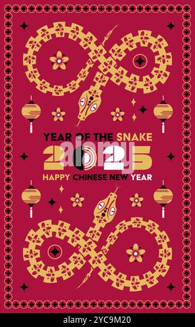 Felice anno nuovo cinese 2025 Snake Zodiac Sign, moderno design flat art con colori rosso, oro e bianco (traduzione cinese: Felice anno nuovo 2025, sì Illustrazione Vettoriale