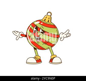 Personaggio cartoni animati con ballo natalizio dalle righe vivaci e sneaker, che celebrano le feste retrò. Bauble vettoriale isolato, le decorazioni per le feste irradiano divertimento, gioia e spirito festivo natalizio Illustrazione Vettoriale