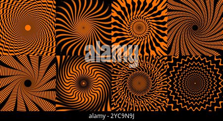 Set vettoriale di modelli a spirale psichedelici di Halloween. Sfondi con vortici ipnotici, effetto ipnosi. Vortice nero e arancione, illusione di movimento e profondità con effetto vertiginoso, giri astratti Illustrazione Vettoriale