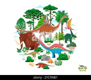 Personaggi di dinosauri preistorici del parco dell'era giurassica, divertenti bandiere vettoriali per lucertole cartoni animati per bambini. Dinosauri divertenti e mammut dell'era glaciale con amargasaurus, pelorosaurus e chasmosaurus o dimorphodon Illustrazione Vettoriale