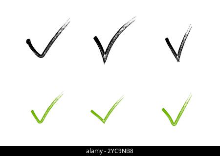 Selezionare Set disegnato a mano. Elemento di design con segno di spunta per pennello grunge dipinto a mano. Raccolta dei segni di spunta sì del vettore isolato. Illustrazione Vettoriale