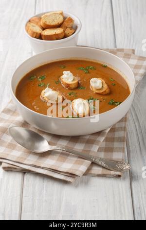 Zuppa francese Soupe de poisson preparata con pesce fresco con crostini e salsa aioli in primo piano sulla ciotola sul tavolo di legno. Verticale Foto Stock