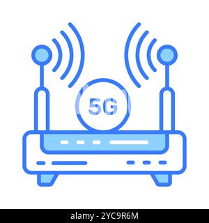 Router WiFi con segnali Internet 5G che indicano l'icona del concetto di segnali Internet 5G. Illustrazione Vettoriale