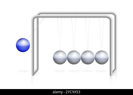 La culla di Newton con sfera blu sul telaio con sfere metalliche, dimostrando i principi di conservazione del momento e dell'energia in fisica. Foto Stock