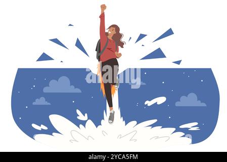 Una donna ambiziosa con un potenziale di leadership vola in alto attraverso il cielo notturno, usando il jetpack Illustrazione Vettoriale