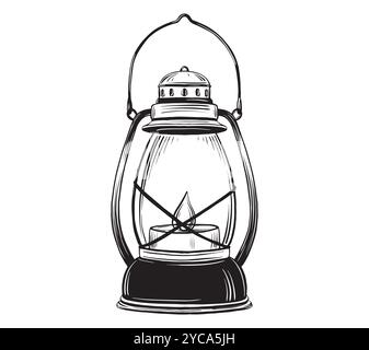 Lanterna al cherosene in stile doodle disegnato a mano. Lampada turistica illustrazione vettoriale in stile disegno lineare per l'avventura o il campeggio su sfondo isolato Illustrazione Vettoriale