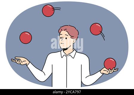 L'uomo d'affari si destreggia per dimostrare capacità multitasking e capacità di mantenere l'equilibrio. Guy si destreggia dimostrando un interessante e sorprendente trucco dal repertorio di artisti circensi Illustrazione Vettoriale