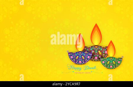 Happy Diwali Festival of Lights India Celebration template. Design del banner grafico di Indian Diya Oil Lamps design del telaio del bordo. Isolamento festivo vettoriale Illustrazione Vettoriale