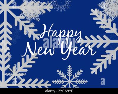 Design con fiocco di neve blu e argento con le parole Happy New Year scritte in bianco. I fiocchi di neve sono disposti in modo da formare un confine intorno a t Illustrazione Vettoriale