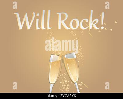 Due bicchieri da champagne con un messaggio che dice "Will Rock!". Il messaggio è scritto in lettere bianche su uno sfondo marrone Illustrazione Vettoriale