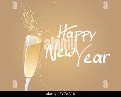 Bicchiere di champagne con un'etichetta che dice felice anno nuovo. Lo champagne è in un bicchiere e ha molte bollicine Illustrazione Vettoriale
