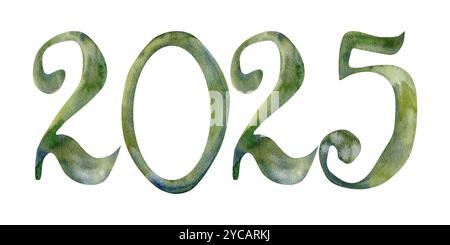 striscione per capodanno 2025, clipart con numeri verde acquerello per l'arredamento invernale, design per banner per festival con calendario lunare. Numeri verdi per scuola, poster, invi Foto Stock