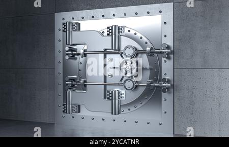 Concetto di sicurezza della porta di una banca in metallo di grandi dimensioni, sfondo 3d. Foto Stock