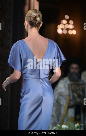 Atene, Grecia. 28 settembre 2024. La damigella d'onore, la principessa Maria Olimpia, partecipa alla cattedrale metropolitana per il matrimonio della principessa Teodora di Grecia con Matthew Kumar. Crediti: Dimitris Aspiotis/Alamy Foto Stock