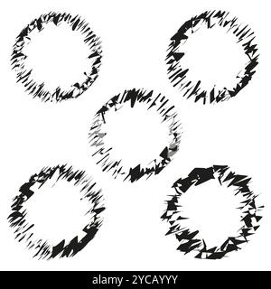 Icone circolari astratte. Profili bordi ruvidi. Simboli in bianco e nero. Illustrazione vettoriale. Illustrazione Vettoriale
