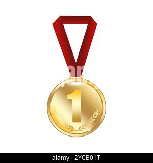Icona della medaglia d'oro. Simbolo numero uno. Premio Red Ribbon. Conquista della vittoria. Illustrazione Vettoriale