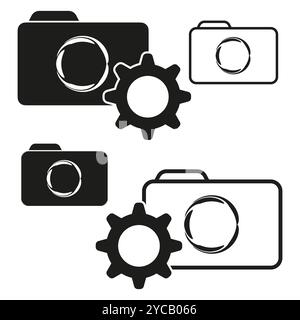 Icona delle impostazioni della fotocamera. Simbolo dell'ingranaggio e della foto. Illustrazione vettoriale della fotografia. Illustrazione Vettoriale