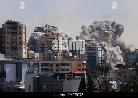 Pneumatico, Libano. 22 ottobre 2024. Il fumo sale sopra gli edifici di un attacco aereo israeliano che ha preso di mira il villaggio di al-Hawsh fuori Tyre City, Libano, martedì 22 ottobre 2024. Tredici persone, tra cui un bambino, sono state uccise e 57 sono state ferite in uno sciopero israeliano nei pressi dell'ospedale universitario Rafik Hariri a sud di Beirut, Ministero della salute pubblica libanese. Foto di Nizar Kashmar/UPI credito: UPI/Alamy Live News Foto Stock