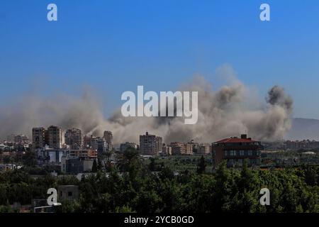 Pneumatico, Libano. 22 ottobre 2024. Il fumo sale sopra gli edifici di un attacco aereo israeliano che ha preso di mira il villaggio di al-Hawsh fuori Tyre City, Libano, martedì 22 ottobre 2024. Tredici persone, tra cui un bambino, sono state uccise e 57 sono state ferite in uno sciopero israeliano nei pressi dell'ospedale universitario Rafik Hariri a sud di Beirut, Ministero della salute pubblica libanese. Foto di Nizar Kashmar/UPI credito: UPI/Alamy Live News Foto Stock