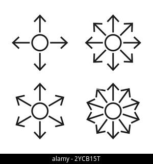 Icone di direzione impostate. Simbolo di frecce multiple. Concetto di espansione radiale. Semplici linee nere. Illustrazione Vettoriale