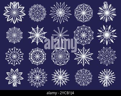 Fiocchi di neve con diversi schemi impostati. Fragili cristalli di neve clip art Collection. Semplice immagine dei fiocchi di neve per creare Capodanno e Natale Illustrazione Vettoriale