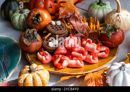 Un'esibizione festosa di dolci di Halloween, con biscotti, caramelle gommose, frutti di cachi e zucche decorative circondate da foglie autunnali Foto Stock