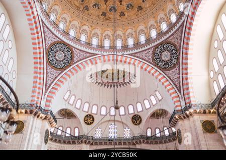 Splendida vista dell'interno della Moschea Solimana a Istanbul, con intricata calligrafia islamica, eleganti archi e cupole splendidamente decorate. Foto Stock
