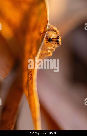 Una foto macro dettagliata che cattura un ragno saltato posizionato sul bordo di una foglia gialla, mostrando i suoi occhi intricati e i suoi peli sottili Foto Stock