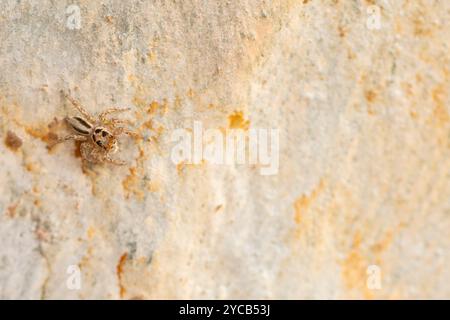 Un ragno che salta arroccato su una superficie in pietra biancastra, che mostra motivi distintivi sul suo corpo Foto Stock