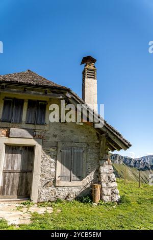 Catturata nella regione Rochers de Naye delle Alpi Svizzere, questa immagine raffigura una pittoresca e antica cabina di montagna sullo sfondo di una vegetazione lussureggiante e rugg Foto Stock