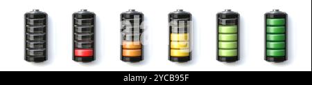 Set di indicatori di carica della batteria con livelli di carica illustrazione di rendering 3D isolata su sfondo bianco Foto Stock