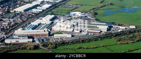 Vista aerea della Brush Locomotive e delle opere di ingegneria di Loughborough, East Midlands, Inghilterra, Regno Unito Foto Stock