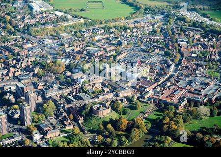 Una fotografia aerea di Tamworth Town Centre, West Midlands, Inghilterra centrale, Regno Unito Foto Stock