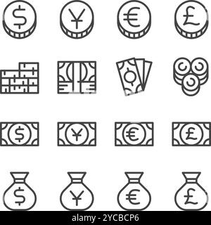 set di icone, vettore e illustrazione della riga moneta e valuta Illustrazione Vettoriale