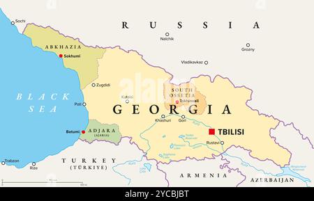 Georgia con la capitale Tbilisi, mappa politica. Paese dell'Europa orientale e dell'Asia occidentale, parte della regione del Caucaso. Con repubbliche autonome. Foto Stock